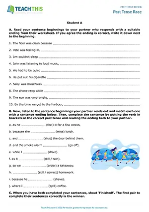 ESL past tenses activity preview for intermediate B1: pair race, matching sentence endings, grammar practice
