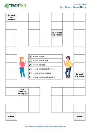 ESL upper-intermediate board game preview: grammar and speaking, sentence prompts, freer practice, pair work, past tenses