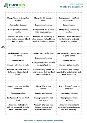 ESL past tenses game preview for intermediate B1: group work, sentence formation, past simple, perfect, continuous