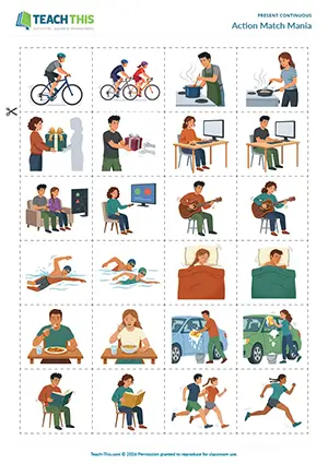 ESL present continuous memory game preview: pelmanism, matching, making sentences, pair work for elementary level learners