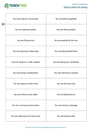 ESL present continuous miming game preview for pre-intermediate: miming, guessing, forming sentences, group work