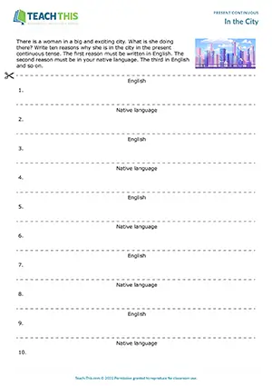 ESL present continuous activity preview: writing L1 and L2 sentences, matching, pre-intermediate group work