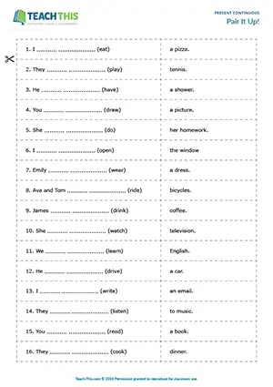 ESL present continuous game preview: sentence completion, matching, pair work, elementary level