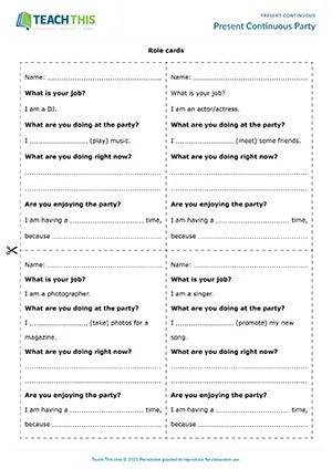 ESL present continuous party role-play preview: gap-fill, asking and answering, chart completion, group work