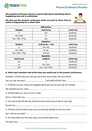 ESL present continuous worksheet preview: grammar, writing, completing sentences, error correction, elementary level