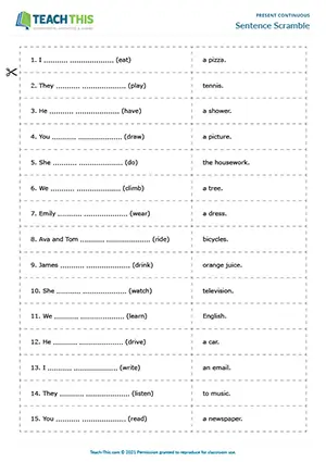 ESL present continuous game preview: sentence completion, matching, pair work, elementary level