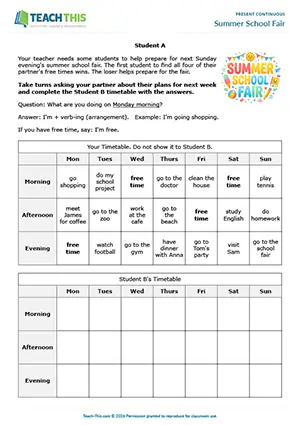 ESL Summer School Fair activity preview: present continuous game and information gap for arrangements at Pre-intermediate (A2).