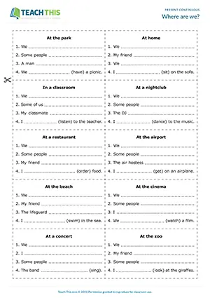 ESL present continuous game preview: writing clues, reading, guessing, group work, pre-intermediate
