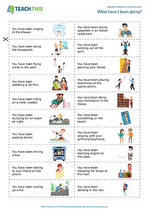 ESL present perfect continuous miming game preview: miming, guessing, forming sentences, group work, intermediate