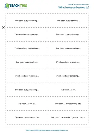 ESL present perfect continuous activity preview: asking and answering, small talk, pair work, upper-intermediate