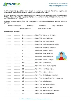 ESL present perfect activity preview: guessing, asking and answering, sentence completion, group work, intermediate