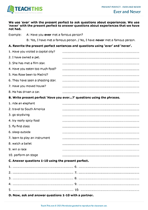 Present Perfect Ever Never Esl Activities Games Worksheets