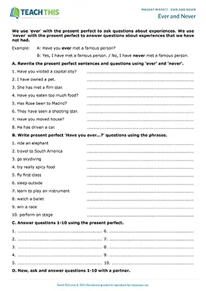 ESL present perfect worksheet preview: rewriting sentences and questions, writing questions and answers, pair work, pre-intermediate