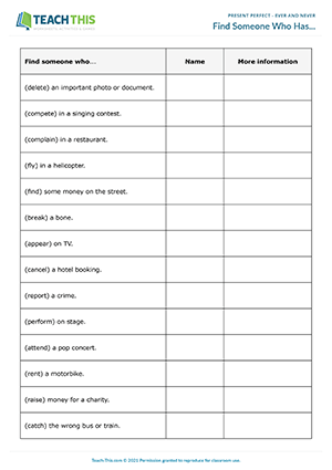 Present Perfect Ever Never Esl Activities Games Worksheets