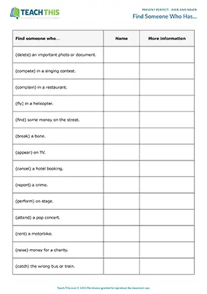 ESL Have You Ever Find Someone Who activity preview: asking and answering, freer practice, intermediate
