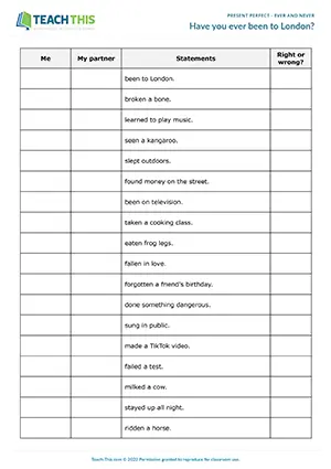 ESL present perfect game preview: sentence completion, guessing, asking and answering, pair work, pre-intermediate