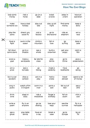 ESL Have You Ever bingo game preview: forming questions, asking and answering, freer practice, pre-intermediate