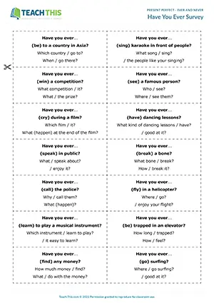 ESL Have You Ever survey activity preview: forming, asking and answering questions, intermediate