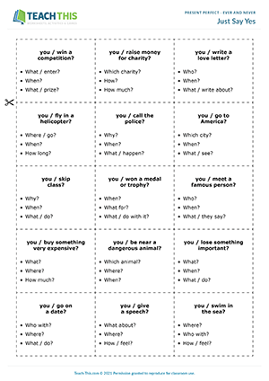 present perfect just yes say ever teach activities worksheets esl game experiences games grammar never