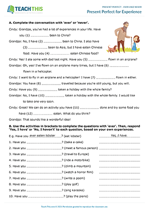 Present Perfect Ever Never Esl Activities Games Worksheets