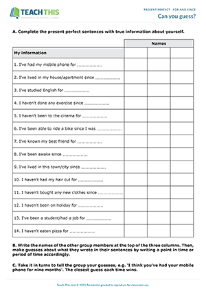 Present Perfect For and Since - Board Game - ESL Expertz