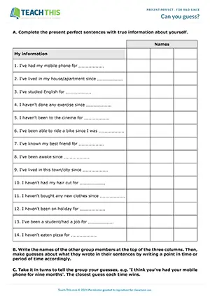 ESL For and Since Game resource preview for pre-intermediate A2: sentence completion, guessing, group work activities