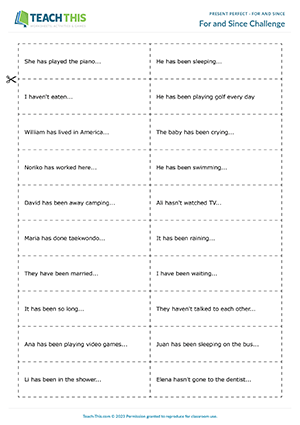 Present Perfect For and Since - Board Game - ESL Expertz