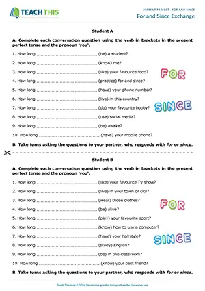 ESL For and Since Activity resource preview for pre-intermediate A2: grammar and speaking, asking questions, pair and group work