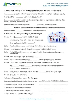 ESL Just, Yet and Already Worksheet resource preview for pre-intermediate A2: grammar and reading, gap-fill, short answer, binary choice