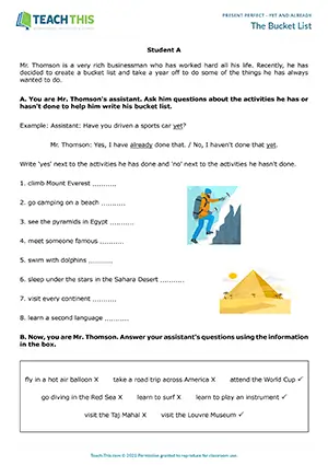 ESL Yet and Already Activity resource preview for intermediate B1: asking and answering questions about bucket list, pair work