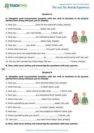 ESL Just, Yet and Already Activity resource preview for pre-intermediate A2: forming, asking and answering questions from prompts, group and pair work