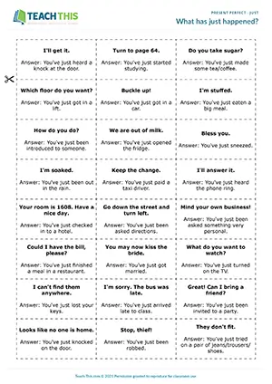ESL Present Perfect with Just Game resource preview for intermediate B1: guessing, forming sentences from prompts, group work