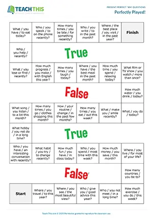 ESL Present Perfect Questions Board Game preview, B1 level, forming questions from prompts, true or false answers, freer practice