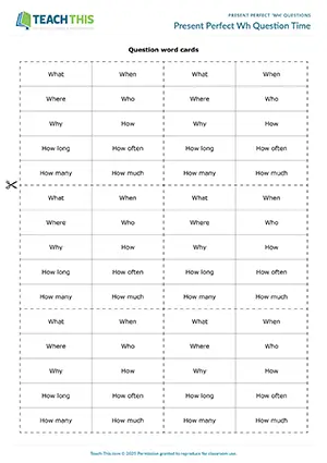ESL Present Perfect Wh Questions Game preview, B1 level, forming questions from prompts, group freer practice