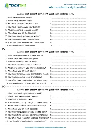 ESL Present Perfect Wh Questions Game preview, B1 level, writing sentences, guessing, forming questions from prompts, group freer practice