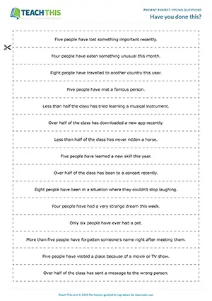 ESL Present Perfect Yes No Questions Activity preview, A2 level, asking and answering questions from prompts in pairs