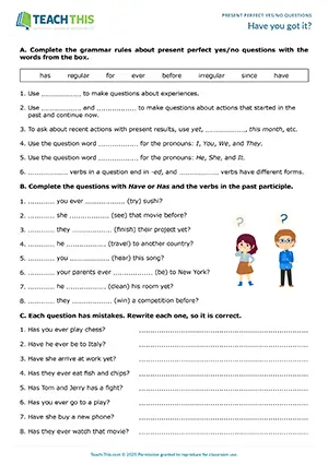 ESL Present Perfect Yes No Questions Worksheet preview, A2 level, gap-fill, error correction, asking and answering questions