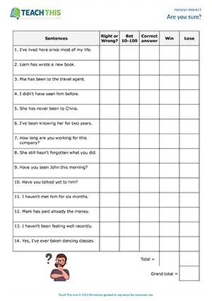 ESL present perfect activity error correction and betting pre-intermediate