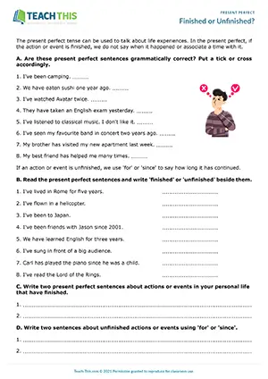 ESL present perfect worksheet categorising writing sentences sentence completion speaking A2