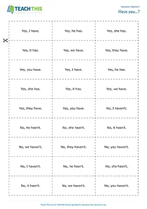 ESL Present Perfect Yes No Questions Game preview, A2 level, forming, asking and answering questions in pair work