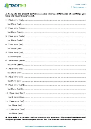 ESL present perfect activity sentence completion asking questions guided discussion pair work pre-intermediate
