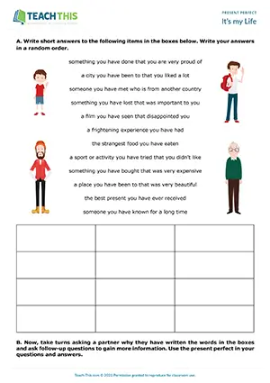 ESL present perfect activity preview: writing short answers, asking and answering, guided discussion, pair work, intermediate