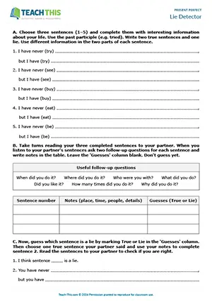 ESL present perfect game sentence completion, true or false, asking and answering questions pair work pre-intermediate