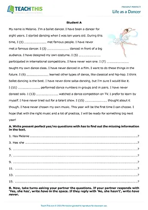 ESL Has Questions Activity preview, B1 level, information gap, writing, asking, answering, gap-fill, group and pair work