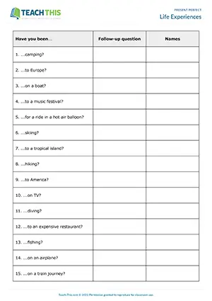 ESL present perfect activity with been grammar writing speaking group work pre-intermediate