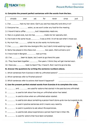 ESL present perfect worksheet preview: gap-fill, categorising, writing sentences, asking and answering, pair work, intermediate