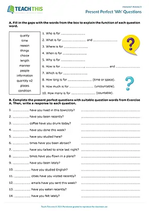 ESL Present Perfect Questions Worksheet preview, A2 level, includes gap-fill grammar, writing questions from prompts, and freer speaking practice