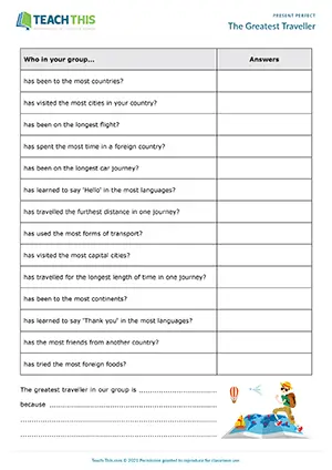 ESL present perfect speaking activity preview: guided discussion, travel questions, group work, intermediate