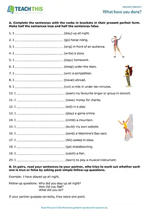 ESL present perfect game preview: sentence completion, true or false, asking questions, pair and group work, intermediate