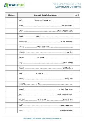 ESL Present Simple Game worksheet preview for Elementary A1-A2 showing sentence completion and classmate guessing activities
